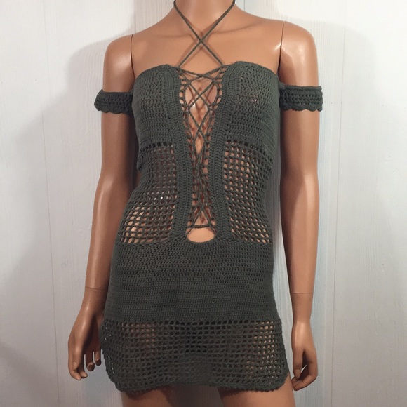 Khaki Green Boho Off Shoulder Dress Crochet - Picture 4 of 8
